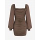 Lantern Sleeve Ruched Square Neck Bodycon Dress