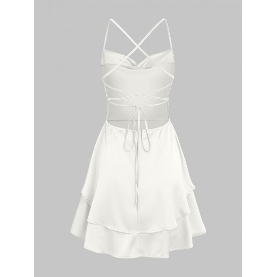 Silky Criss Cross Lace Up Backless Layered Slip Mini Dress Silky Criss Cross Lace Up Backless Layered Slip Mini Dress