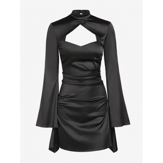Women's Sexy Party Satin Mock Neck Cut Out Long Flare Sleeve Solid Color Ruched Mini Slinky Dress Women's Sexy Party Satin Mock Neck Cut Out Long Flare Sleeve Solid Color Ruched Mini Slinky Dress