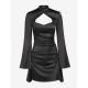 Women's Sexy Party Satin Mock Neck Cut Out Long Flare Sleeve Solid Color Ruched Mini Slinky Dress Women's Sexy Party Satin Mock Neck Cut Out Long Flare Sleeve Solid Color Ruched Mini Slinky Dress