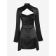 Women's Sexy Party Satin Mock Neck Cut Out Long Flare Sleeve Solid Color Ruched Mini Slinky Dress Women's Sexy Party Satin Mock Neck Cut Out Long Flare Sleeve Solid Color Ruched Mini Slinky Dress