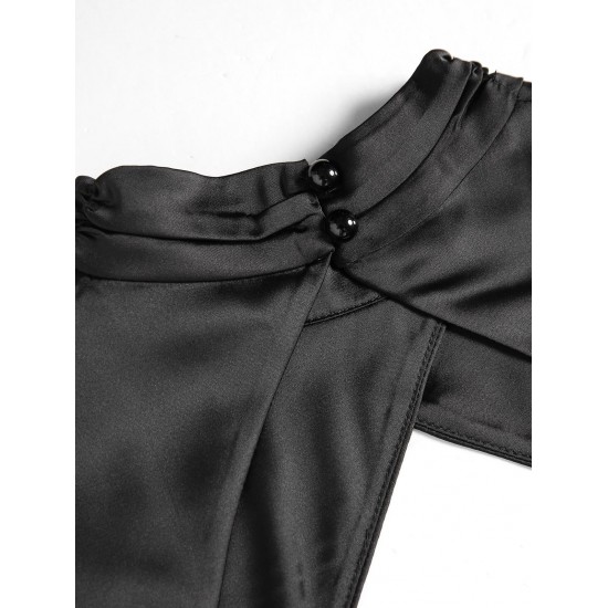 Women's Sexy Party Satin Mock Neck Cut Out Long Flare Sleeve Solid Color Ruched Mini Slinky Dress Women's Sexy Party Satin Mock Neck Cut Out Long Flare Sleeve Solid Color Ruched Mini Slinky Dress