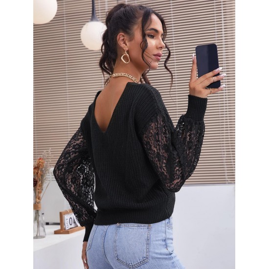 Lace Sleeves Twisted Open Back Jumper Sweater Lace Sleeves Twisted Open Back Jumper Sweater