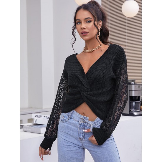 Lace Sleeves Twisted Open Back Jumper Sweater Lace Sleeves Twisted Open Back Jumper Sweater