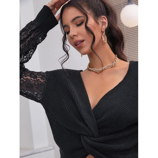 Lace Sleeves Twisted Open Back Jumper Sweater Lace Sleeves Twisted Open Back Jumper Sweater