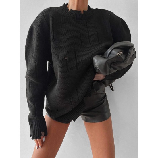 Women's Frayed Ripped Distressed Design Crew Neck Drop Shoulder Loose Pullover Sweater Women's Frayed Ripped Distressed Design Crew Neck Drop Shoulder Loose Pullover Sweater