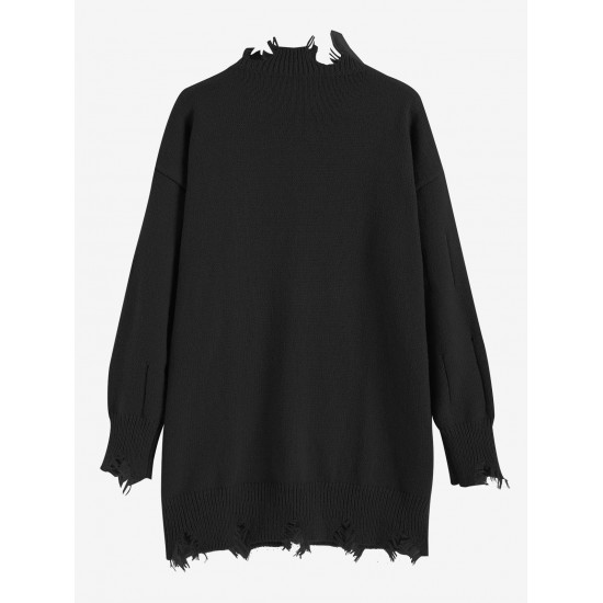 Women's Frayed Ripped Distressed Design Crew Neck Drop Shoulder Loose Pullover Sweater Women's Frayed Ripped Distressed Design Crew Neck Drop Shoulder Loose Pullover Sweater