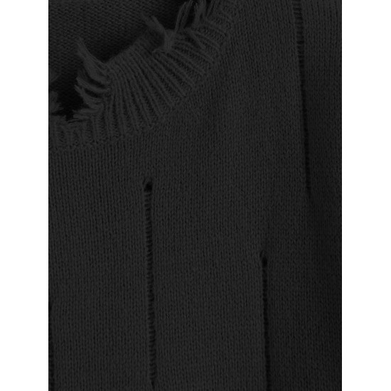 Women's Frayed Ripped Distressed Design Crew Neck Drop Shoulder Loose Pullover Sweater Women's Frayed Ripped Distressed Design Crew Neck Drop Shoulder Loose Pullover Sweater