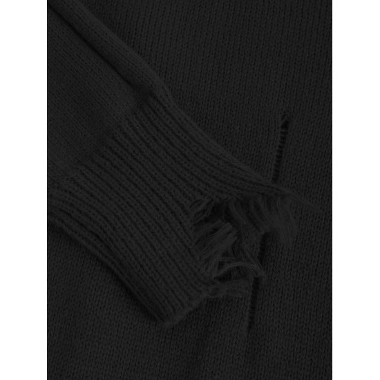 Women's Frayed Ripped Distressed Design Crew Neck Drop Shoulder Loose Pullover Sweater Women's Frayed Ripped Distressed Design Crew Neck Drop Shoulder Loose Pullover Sweater