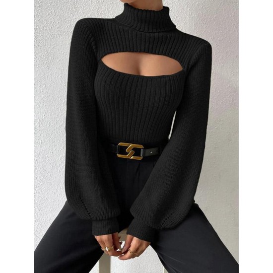 Women's Turtleneck Cut Out Lantern Sleeves Solid Color Chunky Pullover Sweater Women's Turtleneck Cut Out Lantern Sleeves Solid Color Chunky Pullover Sweater