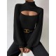 Women's Turtleneck Cut Out Lantern Sleeves Solid Color Chunky Pullover Sweater Women's Turtleneck Cut Out Lantern Sleeves Solid Color Chunky Pullover Sweater