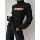 Women's Turtleneck Cut Out Lantern Sleeves Solid Color Chunky Pullover Sweater Women's Turtleneck Cut Out Lantern Sleeves Solid Color Chunky Pullover Sweater