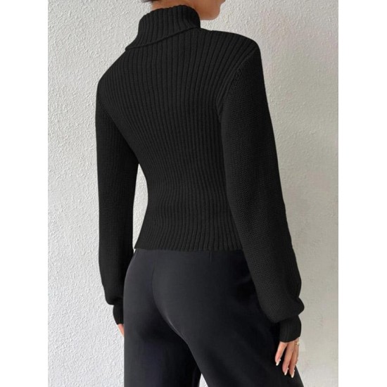 Women's Turtleneck Cut Out Lantern Sleeves Solid Color Chunky Pullover Sweater Women's Turtleneck Cut Out Lantern Sleeves Solid Color Chunky Pullover Sweater