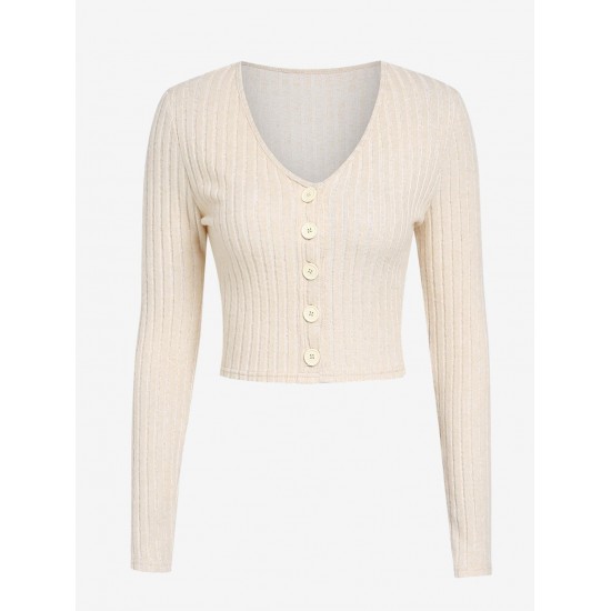 Women's Solid Color Daily Button Up Layering V Neck Plush Ribbed Knit Long Sleeve Cardigan Women's Solid Color Daily Button Up Layering V Neck Plush Ribbed Knit Long Sleeve Cardigan