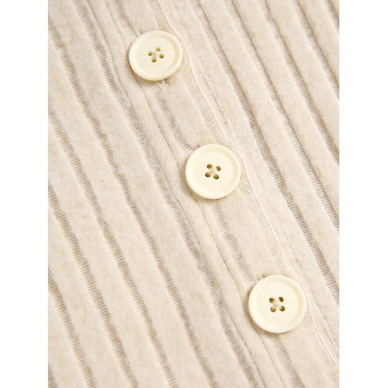 Women's Solid Color Daily Button Up Layering V Neck Plush Ribbed Knit Long Sleeve Cardigan Women's Solid Color Daily Button Up Layering V Neck Plush Ribbed Knit Long Sleeve Cardigan