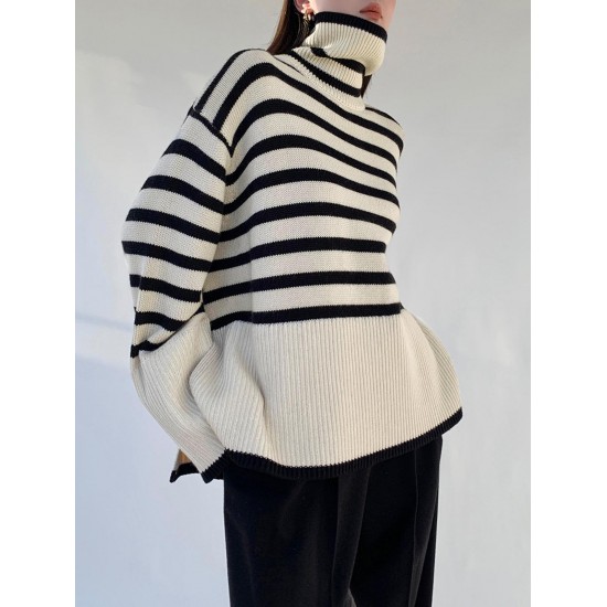 Women's Striped High Collar Drop Shoulder Wide Sleeve Slit Side Oversized Pullover Jumper Sweater Women's Striped High Collar Drop Shoulder Wide Sleeve Slit Side Oversized Pullover Jumper Sweater