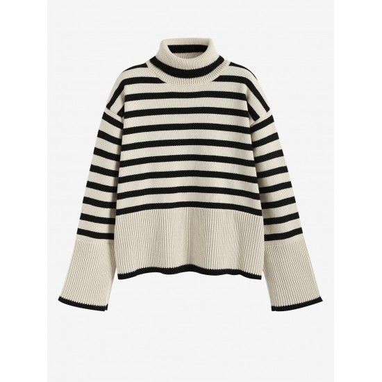 Women's Striped High Collar Drop Shoulder Wide Sleeve Slit Side Oversized Pullover Jumper Sweater Women's Striped High Collar Drop Shoulder Wide Sleeve Slit Side Oversized Pullover Jumper Sweater