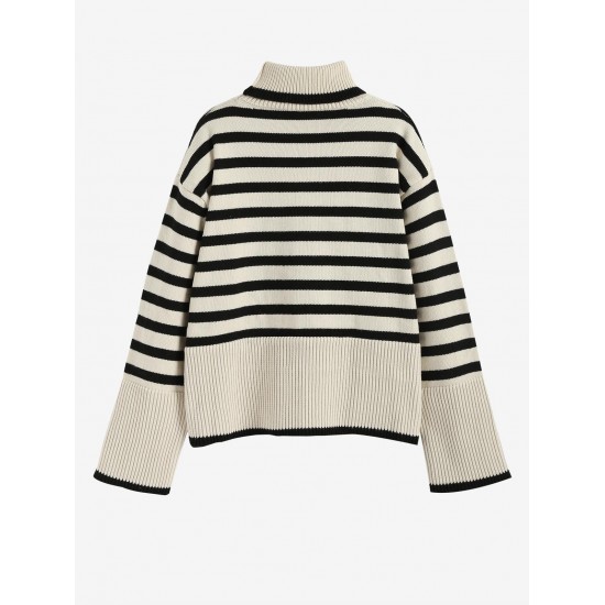 Women's Striped High Collar Drop Shoulder Wide Sleeve Slit Side Oversized Pullover Jumper Sweater Women's Striped High Collar Drop Shoulder Wide Sleeve Slit Side Oversized Pullover Jumper Sweater
