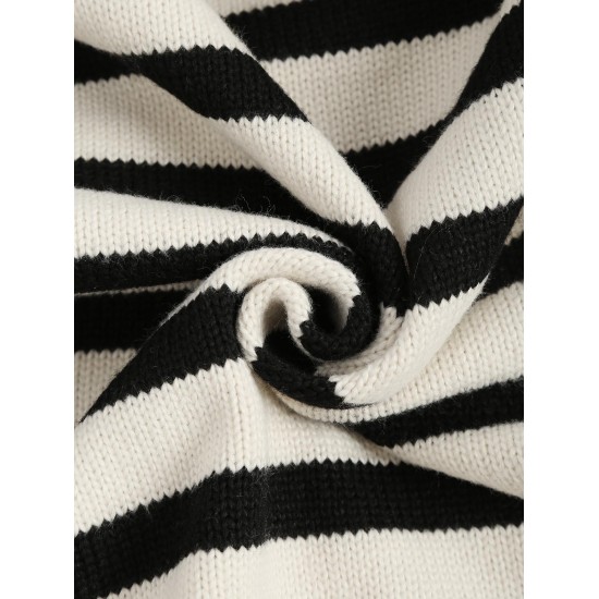 Women's Striped High Collar Drop Shoulder Wide Sleeve Slit Side Oversized Pullover Jumper Sweater Women's Striped High Collar Drop Shoulder Wide Sleeve Slit Side Oversized Pullover Jumper Sweater