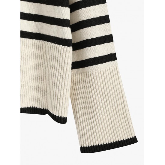 Women's Striped High Collar Drop Shoulder Wide Sleeve Slit Side Oversized Pullover Jumper Sweater Women's Striped High Collar Drop Shoulder Wide Sleeve Slit Side Oversized Pullover Jumper Sweater