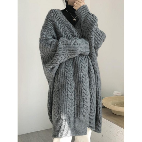 Women's Daily Retro Style Solid Color Cable Knit Open Front Drop Shoulder Oversized Cardigan Women's Daily Retro Style Solid Color Cable Knit Open Front Drop Shoulder Oversized Cardigan
