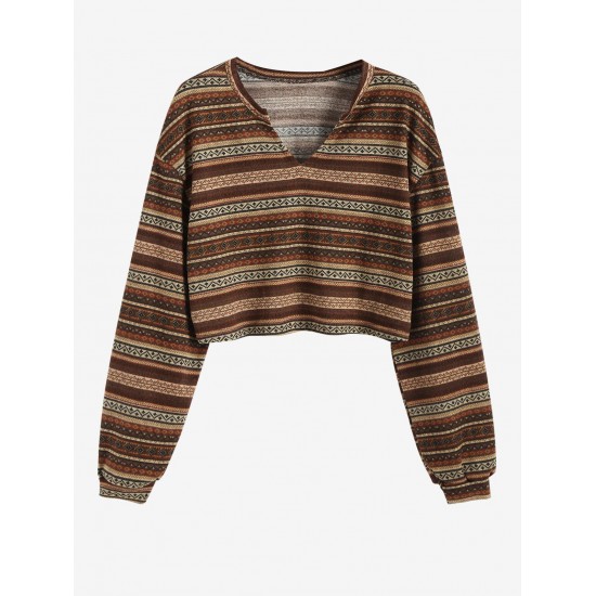 Women's Ethnic Style Tribal Geo Aztec Printed V-notched Pullover Crop Knitwear Sweater Women's Ethnic Style Tribal Geo Aztec Printed V-notched Pullover Crop Knitwear Sweater