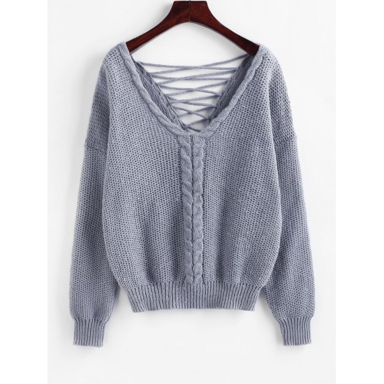 V Neck Lattice Back Cable Knit Sweater V Neck Lattice Back Cable Knit Sweater