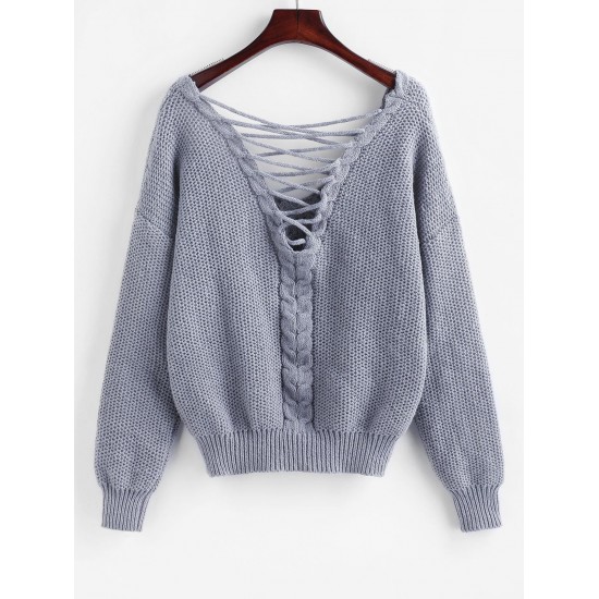 V Neck Lattice Back Cable Knit Sweater V Neck Lattice Back Cable Knit Sweater