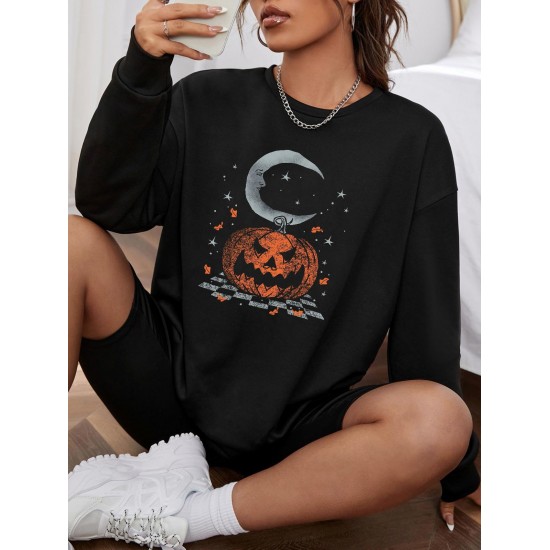 Halloween Pumpkin Moon Print Pullover Sweatshirt Halloween Pumpkin Moon Print Pullover Sweatshirt