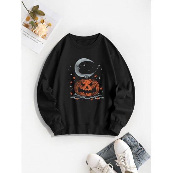 Halloween Pumpkin Moon Print Pullover Sweatshirt Halloween Pumpkin Moon Print Pullover Sweatshirt