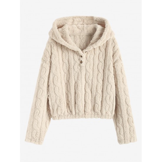 Women's Fluffy Fuzzy Faux Fur Cable Jacquard Textured Half Button Short Pullover Daily Casual Hoodie Women's Fluffy Fuzzy Faux Fur Cable Jacquard Textured Half Button Short Pullover Daily Casual Hoodie