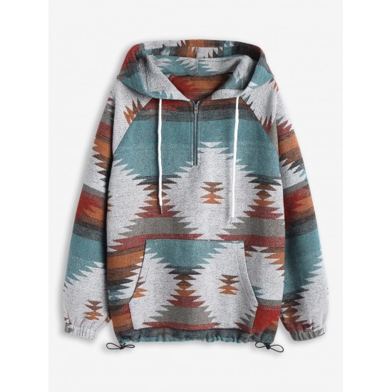 Women's Daily Ethnic Aztec Print Long Raglan Sleeve Kangaroo Pocket Quarter Zip Toggle Drawstring Hem Pullover Hoodie Women's Daily Ethnic Aztec Print Long Raglan Sleeve Kangaroo Pocket Quarter Zip Toggle Drawstring Hem Pullover Hoodie