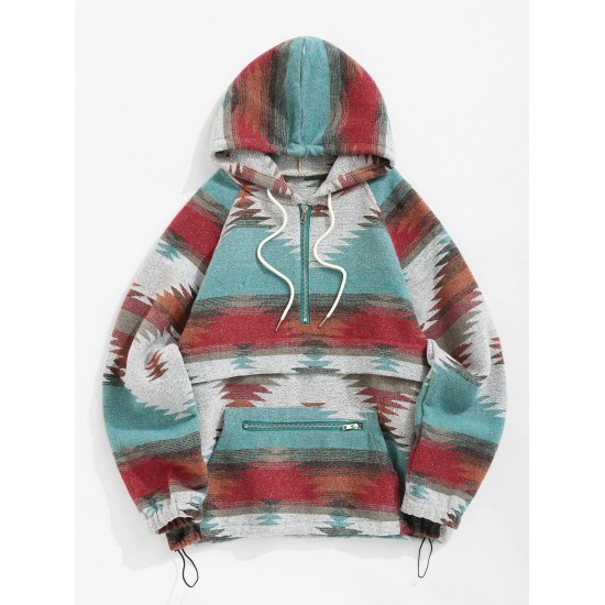 Women's Vintage Western Ethnic Aztec Geometric Print Quarter Zip Raglan Sleeves Woolen Hooded Sweatshirt Women's Vintage Western Ethnic Aztec Geometric Print Quarter Zip Raglan Sleeves Woolen Hooded Sweatshirt