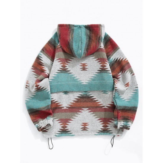 Women's Vintage Western Ethnic Aztec Geometric Print Quarter Zip Raglan Sleeves Woolen Hooded Sweatshirt Women's Vintage Western Ethnic Aztec Geometric Print Quarter Zip Raglan Sleeves Woolen Hooded Sweatshirt