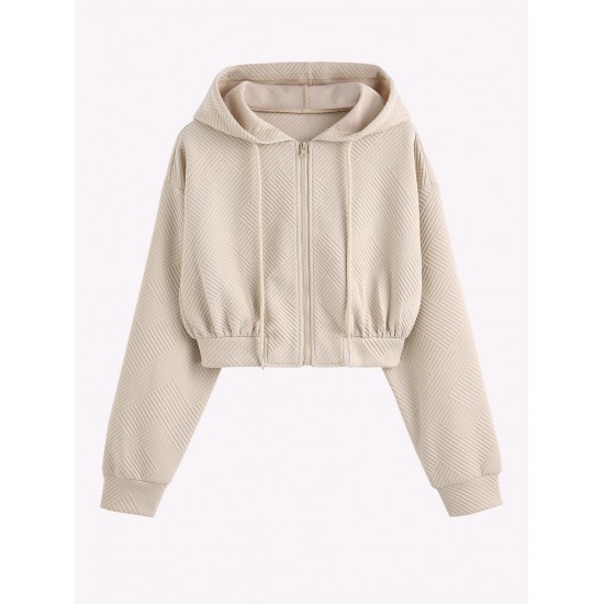 Women's Daily Solid Color Textured Drop Shoulder Drawstring Zip Front Hooded Crop Hoodie Women's Daily Solid Color Textured Drop Shoulder Drawstring Zip Front Hooded Crop Hoodie