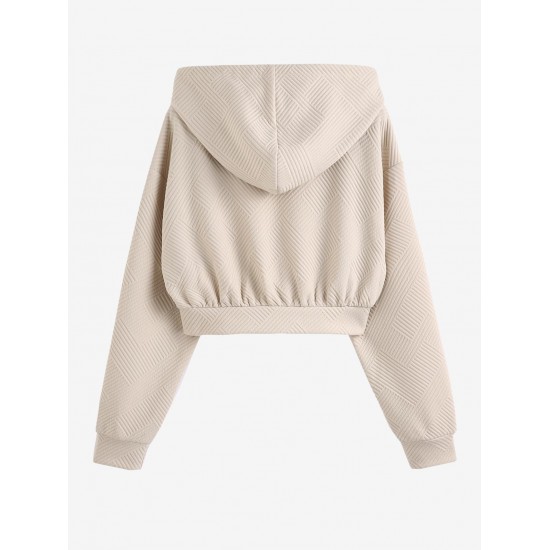 Women's Daily Solid Color Textured Drop Shoulder Drawstring Zip Front Hooded Crop Hoodie Women's Daily Solid Color Textured Drop Shoulder Drawstring Zip Front Hooded Crop Hoodie