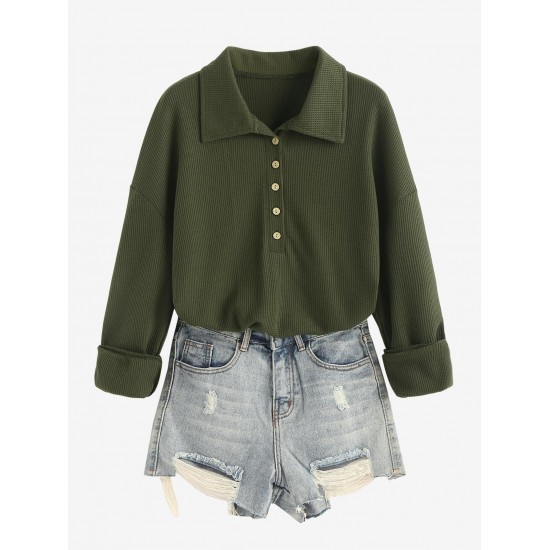 Women's Casual Solid Color Textured Half Buttoned Collared Long Sleeve Loose Drop Shoulder Sweatshirt Women's Casual Solid Color Textured Half Buttoned Collared Long Sleeve Loose Drop Shoulder Sweatshirt