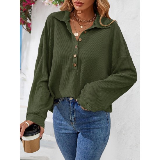 Women's Casual Solid Color Textured Half Buttoned Collared Long Sleeve Loose Drop Shoulder Sweatshirt Women's Casual Solid Color Textured Half Buttoned Collared Long Sleeve Loose Drop Shoulder Sweatshirt