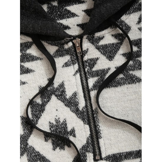 Women's Ethnic Style Tribal Geo Aztec Printed Quarter Zip Raglan Sleeve Front Pocket Wool Blend Loose Pullover Hoodie Women's Ethnic Style Tribal Geo Aztec Printed Quarter Zip Raglan Sleeve Front Pocket Wool Blend Loose Pullover Hoodie