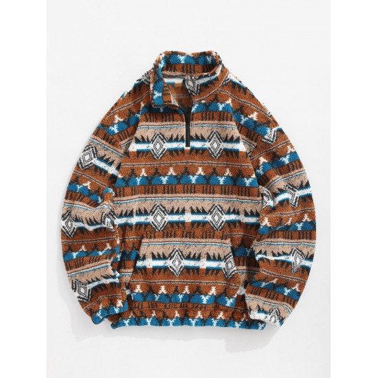 Women's Ethnic Aztec Geometric Print Fleece Fluffy Quarter Zip Pullover Sweatshirt Women's Ethnic Aztec Geometric Print Fleece Fluffy Quarter Zip Pullover Sweatshirt