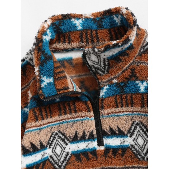 Women's Ethnic Aztec Geometric Print Fleece Fluffy Quarter Zip Pullover Sweatshirt Women's Ethnic Aztec Geometric Print Fleece Fluffy Quarter Zip Pullover Sweatshirt