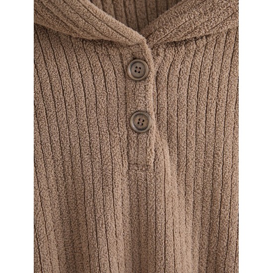 Women's Drawstring Hem Drop Shoulder Daily Solid Color Fluffy Fuzzy Textured Half Buttoned Hoodie Women's Drawstring Hem Drop Shoulder Daily Solid Color Fluffy Fuzzy Textured Half Buttoned Hoodie