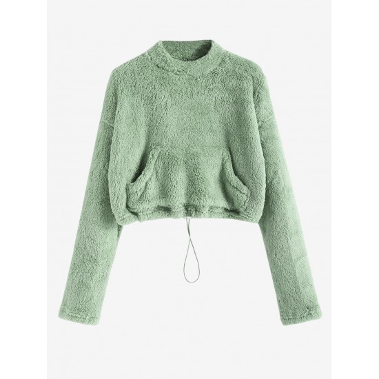 Women's Faux Fur Fluffy Mock Neck Toggle Drawstring Kangaroo Pocket Solid Color Drop Shoulder Crop Sweatshirt Women's Faux Fur Fluffy Mock Neck Toggle Drawstring Kangaroo Pocket Solid Color Drop Shoulder Crop Sweatshirt