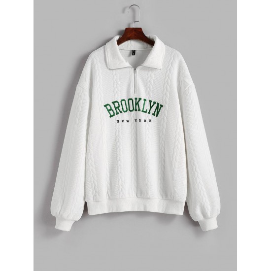 Women's Casual BROOKLYN NEW YORK Letter Embroidered Quarter Zip Cable Textured Pullover Sweatshirt Women's Casual BROOKLYN NEW YORK Letter Embroidered Quarter Zip Cable Textured Pullover Sweatshirt
