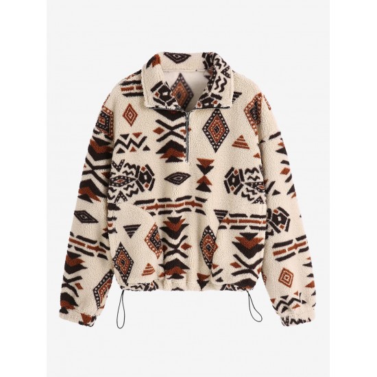 Women's Drop Shoulder Ethnic Aztec Tribal Geo Print Quarter Zip Toggle Drawstring Fluffy Teddy Sweatshirt Women's Drop Shoulder Ethnic Aztec Tribal Geo Print Quarter Zip Toggle Drawstring Fluffy Teddy Sweatshirt