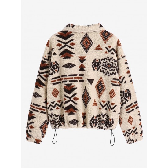Women's Drop Shoulder Ethnic Aztec Tribal Geo Print Quarter Zip Toggle Drawstring Fluffy Teddy Sweatshirt Women's Drop Shoulder Ethnic Aztec Tribal Geo Print Quarter Zip Toggle Drawstring Fluffy Teddy Sweatshirt