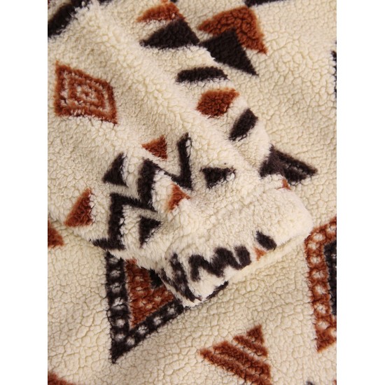 Women's Drop Shoulder Ethnic Aztec Tribal Geo Print Quarter Zip Toggle Drawstring Fluffy Teddy Sweatshirt Women's Drop Shoulder Ethnic Aztec Tribal Geo Print Quarter Zip Toggle Drawstring Fluffy Teddy Sweatshirt