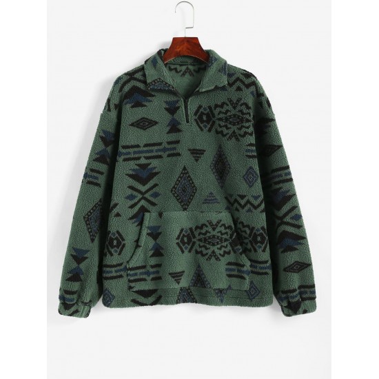 Front Pocket Fluffy Quarter Zip Ethnic Aztec Printed Sweatshirt Front Pocket Fluffy Quarter Zip Ethnic Aztec Printed Sweatshirt