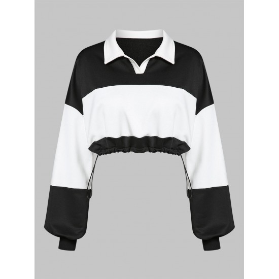 Women's Daily Athleisure Casual Style Two Tone Colorblock Toggle Drawstring Collared Long Sleeve Crop Sweatshirt Women's Daily Athleisure Casual Style Two Tone Colorblock Toggle Drawstring Collared Long Sleeve Crop Sweatshirt