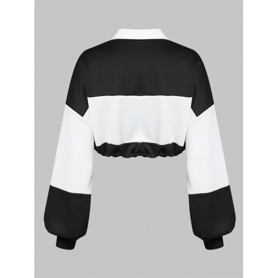 Women's Daily Athleisure Casual Style Two Tone Colorblock Toggle Drawstring Collared Long Sleeve Crop Sweatshirt Women's Daily Athleisure Casual Style Two Tone Colorblock Toggle Drawstring Collared Long Sleeve Crop Sweatshirt